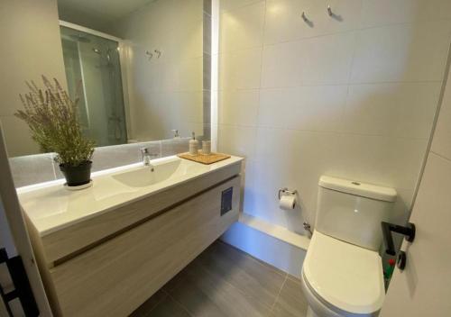 康康Sands and Serenety的一间带水槽、卫生间和镜子的浴室