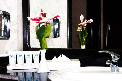 赫尔格达White Valley Palace的浴室水槽,镜子里放着花瓶