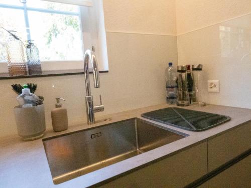 吕姆朗Exclusive Unterkunft in 15min bis Hallenstadion - Zürich City - Flughafen ZH的厨房配有不锈钢水槽和窗户