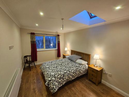 韦斯特波特Central Westport Town House的一间卧室设有一张床和蓝色的天花板