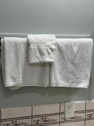 洛杉矶La Cienega Inn Motel的浴室内毛巾架上挂着两条白色毛巾