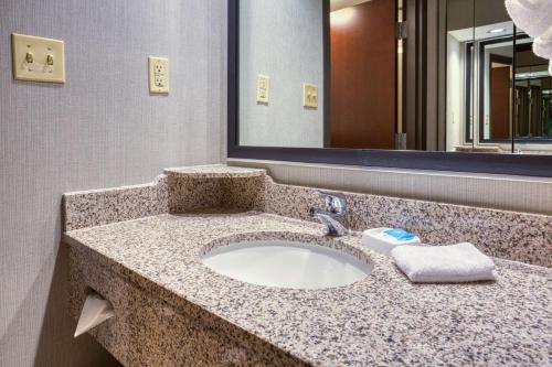 埃德蒙逊德鲁里圣路易斯机场套房酒店的浴室的柜台设有水槽和镜子