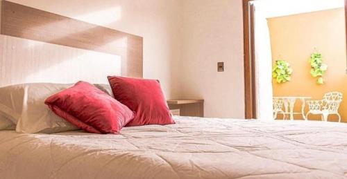 拉塞雷纳Hotel boutique的床上有两个红色枕头的床