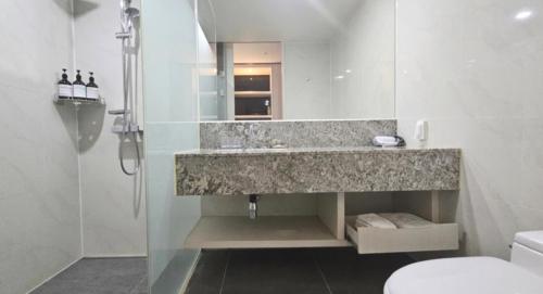 济州市Air City Hotel Corp的一间带水槽、淋浴和卫生间的浴室