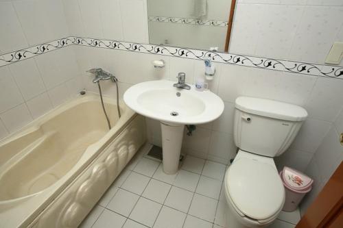 济州市Jun Motel的浴室配有卫生间、盥洗盆和浴缸。