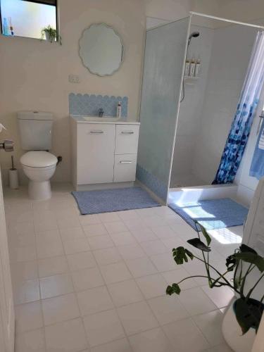 WarnbroG&R Beach Cottage的白色的浴室设有卫生间和淋浴。
