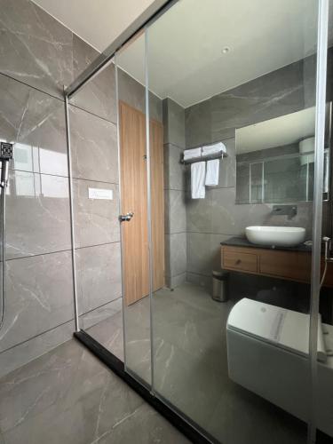 范兰德凡Hotel Three Seasons的带淋浴、卫生间和盥洗盆的浴室