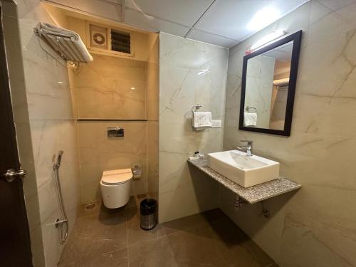 海得拉巴Hotel Landridge - HITECH City Hyderabad的一间带水槽、卫生间和镜子的浴室
