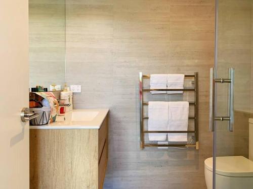 奥克兰8 Ocean Rd的浴室配有盥洗盆、卫生间和毛巾。
