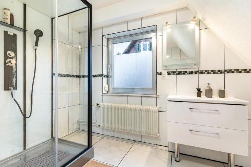 阿尔皮尔斯巴赫Ferienhaus Burghalde mit Sauna的带淋浴和盥洗盆的浴室