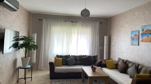 阿加迪尔Apartement Marina Zina, Agadir的带沙发和窗户的客厅