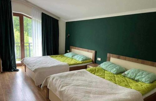 巴库里阿尼2.040的一间卧室设有两张床和绿色的墙壁