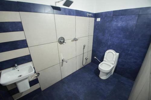 苏丹巴特利Wayanad Rooms Izza的蓝色和白色的浴室设有卫生间和水槽