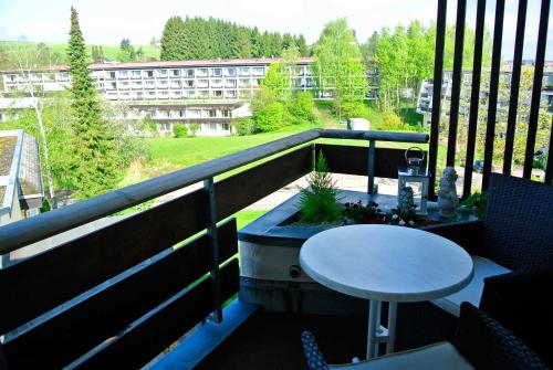 沙伊代格Rosenalm - Appartement 30的阳台配有桌子,享有建筑的景致。