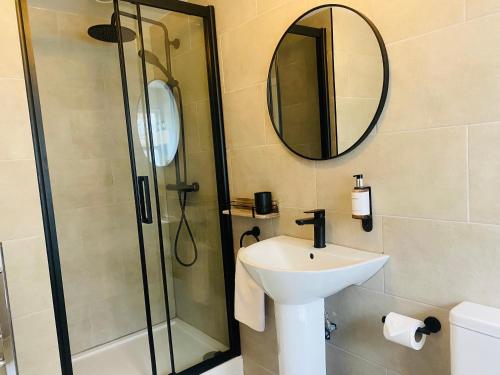 索利赫尔The Punchbowl Lapworth的浴室配有盥洗盆和带镜子的淋浴