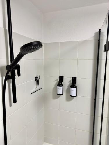 布雷根茨Charmante Wohnung am Hafen的浴室里配有2瓶肥皂和淋浴