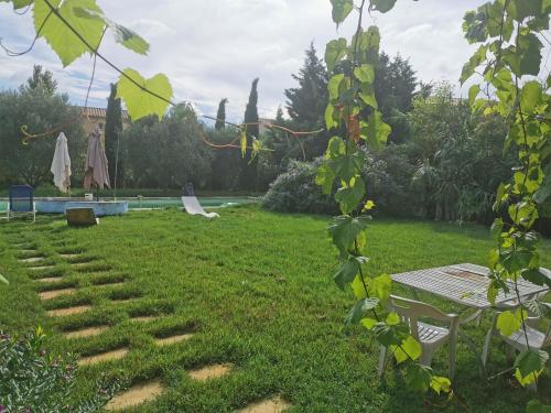 阿尔勒La verdine的草木上带桌子和长凳的花园