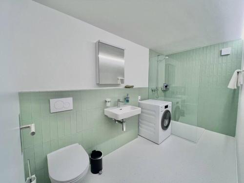 KestenholzThe R Apartment Roggen, new, Parking, washing machine的浴室配有卫生间水槽和洗衣机。