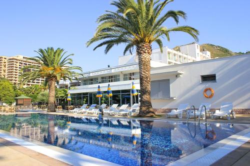 布德瓦蒙特尼果罗酒店的一座棕榈树和椅子的游泳池以及一座建筑