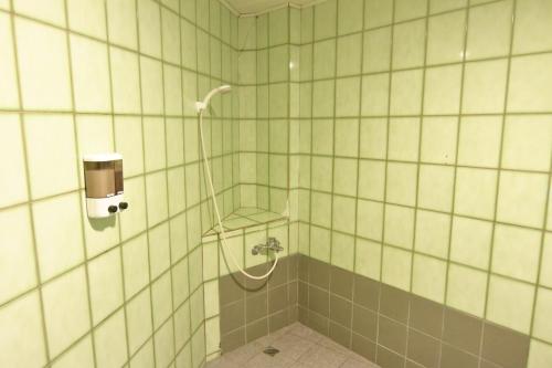 中坜宝山假期旅馆的一间带淋浴的浴室和瓷砖墙