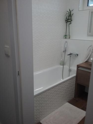班斯卡-比斯特里察2 izbový luxusný apartmán v novostavbe v centre mesta的浴室配有白色浴缸和水槽