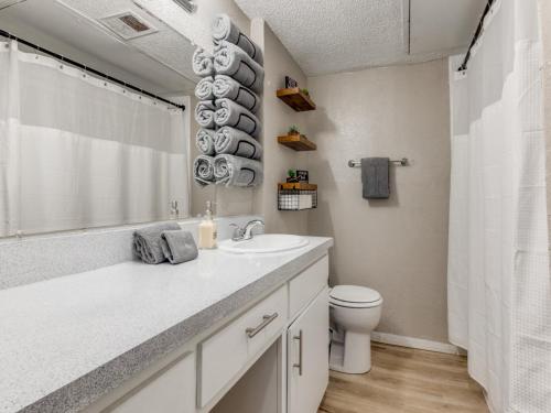 达拉斯6 min to UT Southwestern_Fast Wi-fi的白色的浴室设有水槽和卫生间。