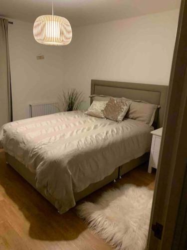 巴尔金Beautiful East London Flat的卧室配有一张白色地毯。
