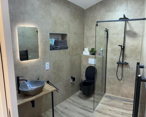 迪尔巴克Laicas lodge的一间带水槽和淋浴的浴室