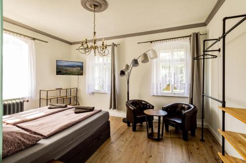 大舍瑙Villa Hänsch Suite 1的一间卧室配有一张床铺、椅子和一张桌子