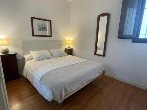 塞维利亚Apartamento céntrico Plaza del Salvador的卧室配有一张床,墙上设有镜子