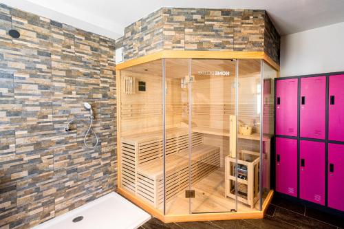 大舍瑙Villa Hänsch Suite 1的浴室设有粉红色门和淋浴间