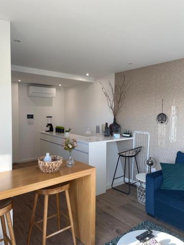 波尔图Foz Douro的一间带蓝色沙发的客厅和一间厨房