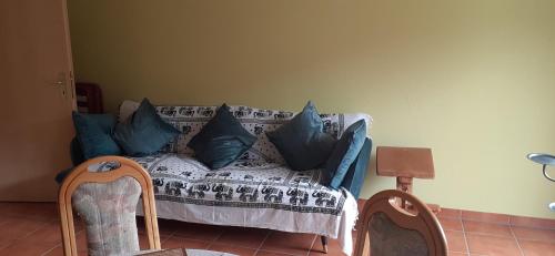 旺斯Room in Charmant apartment Wangs的客厅配有带蓝色枕头的沙发