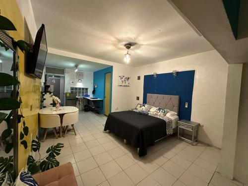 韦拉克鲁斯Suites Brisa Marina - Playa Regatas y Malecón的一间卧室配有一张床、一张桌子和一张书桌