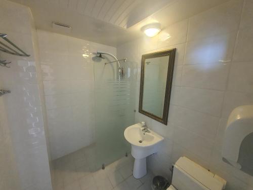 仁川市Hotel Oceanview的白色的浴室设有水槽和镜子