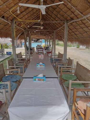 Ban RanukRiver restaurant&room service ครัวริมน้ำ อาหารตามสั่ง&ห้องพักรายวัน的大伞下一张长桌子和椅子