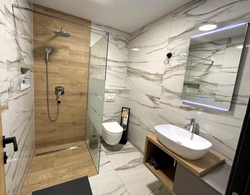 斯拉沃尼亚布罗德RoomSB的浴室配有卫生间、盥洗盆和淋浴。