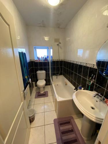 都柏林Mixed dormitory shared with other guests的浴室配有卫生间、浴缸和水槽。