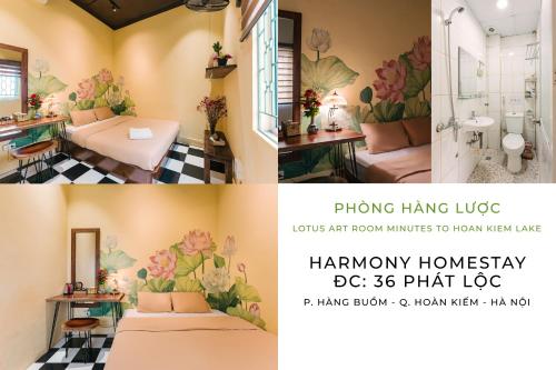 河内Harmony Homestay - Hanoi Homestay in Old Quarter的一个房间三幅画的拼合物,房间带浴室