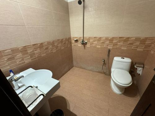 拉合尔Shelton Boulevard Hotel Lahore的浴室配有白色卫生间和盥洗盆。