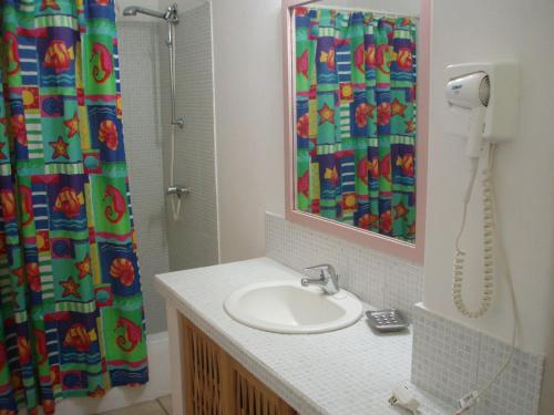 BuccooThe Nest Tobago Apartments的一间带水槽和淋浴帘的浴室