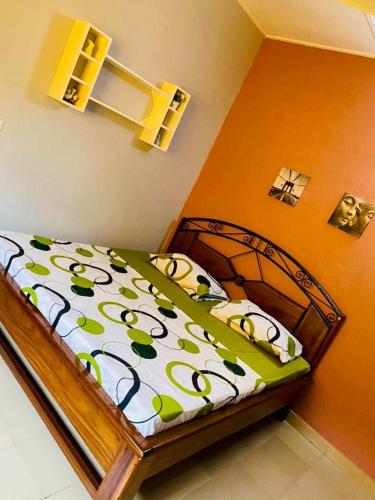 瓦加杜古Sawadogo meublée的一间卧室配有一张带绿色和白色棉被的床