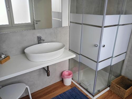 卡萨诺韦Sleep & Fly Villa Luisa的一间带水槽和玻璃淋浴的浴室