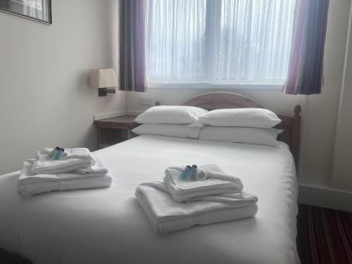 阿伯丁Brig Inn Hotel的一间卧室配有两张床、毛巾和窗户