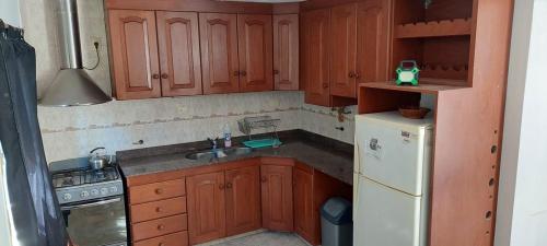 比亚莱特马西Casita vacacionera的厨房配有木制橱柜和白色冰箱。
