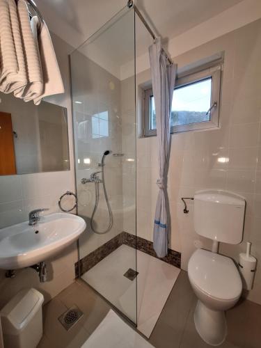 新戈里察普利姆拉旅馆的带淋浴、卫生间和盥洗盆的浴室