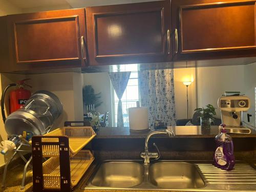 阿卜杜勒国王经济城هافانا المارينا Apartment的带水槽的厨房台面和窗户