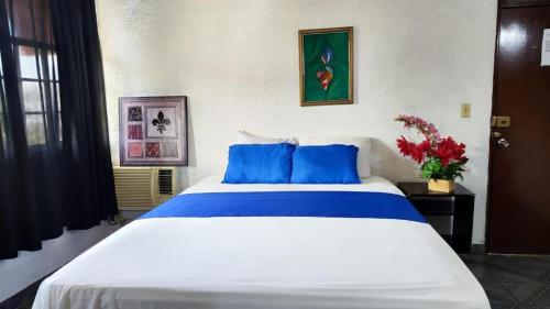 戴维HOTEL OCCIDENTAL David Chiriqui的卧室配有带蓝色枕头的大型白色床