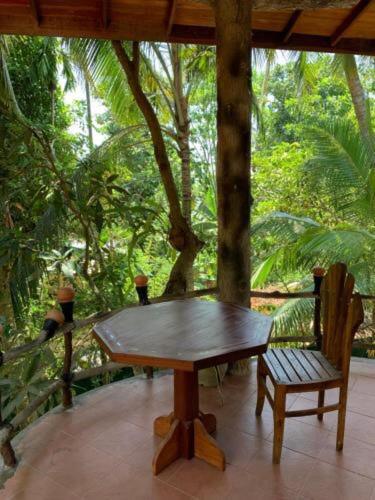 哈巴拉杜瓦Shadow lake villa的树廊上的木桌和椅子