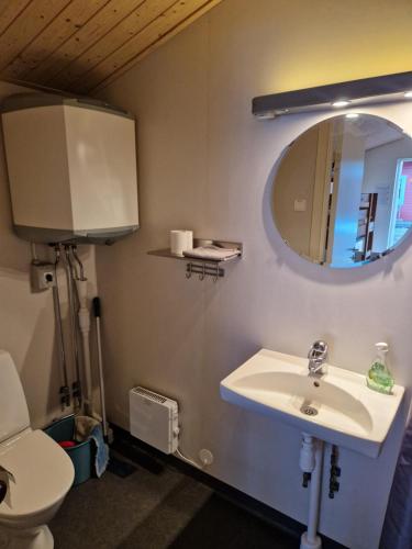 延雪平Lovsjöbadens Camping的一间带水槽、镜子和卫生间的浴室